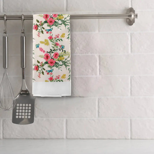 Hand towel with a vintage floral print hanging on rack with kitchen utensils, Cotton - PABOOM