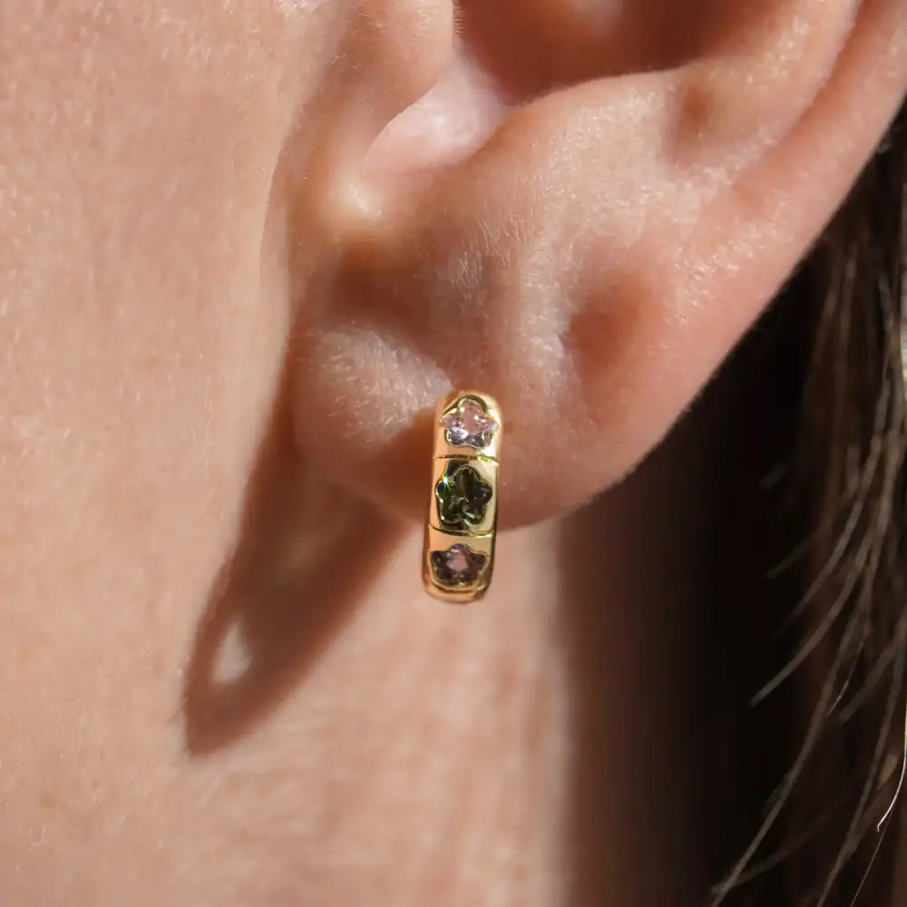 Flower Stone Petite Hoop Earrings Gold - PABOOM
