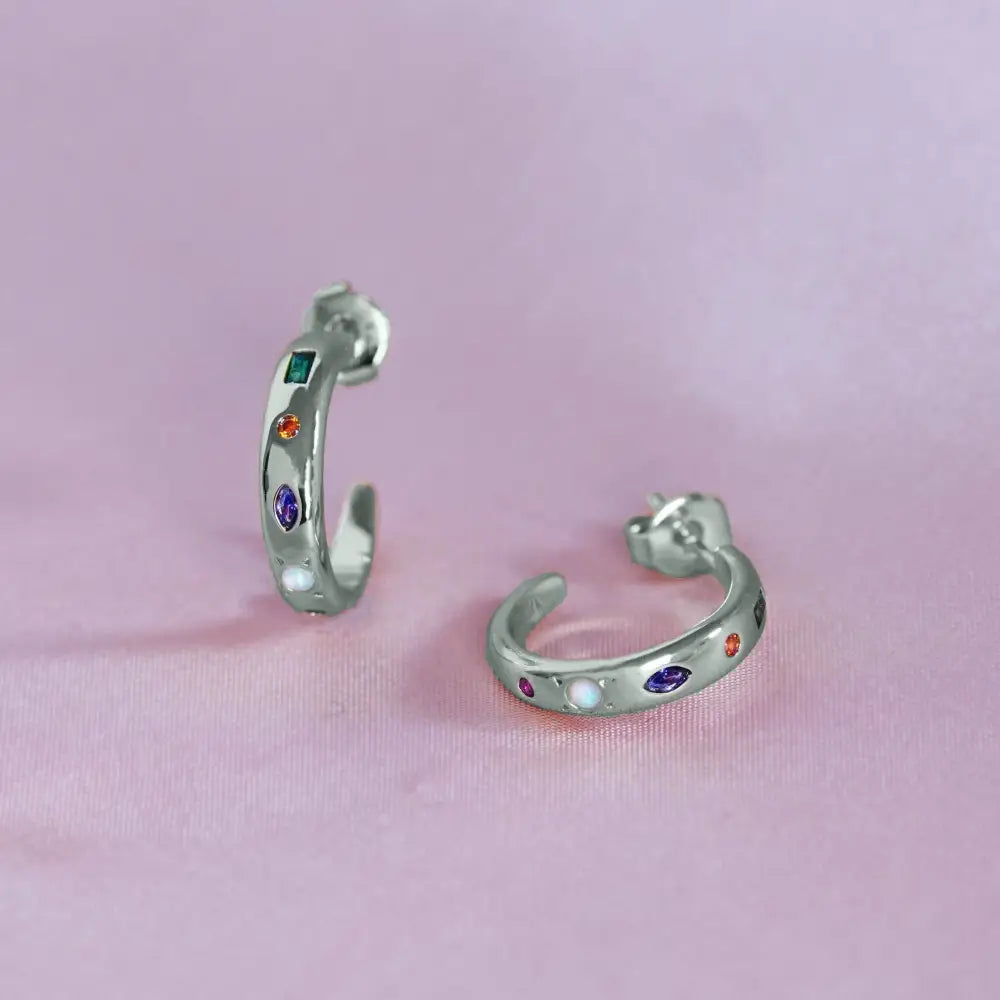 Junk Jewels Ltd - Kaleidoscope Gemstone Hoop Earrings Silver