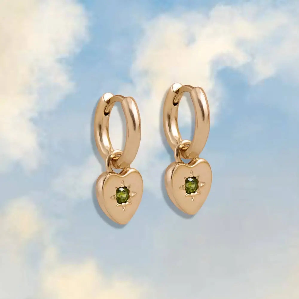 Junk Jewels Ltd - Peridot Heart Charm Earrings Gold