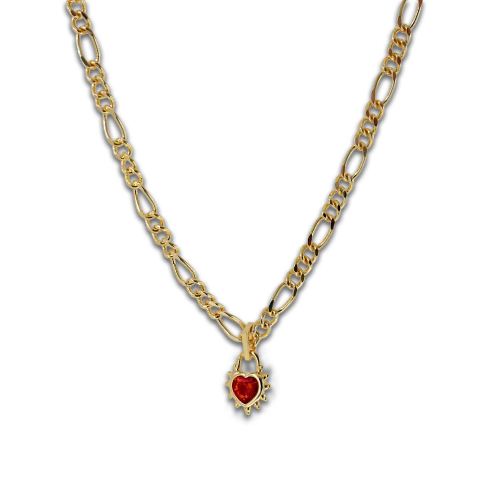 Junk Jewels Ltd - Ruby Heart Chunky Figaro Necklace Gold
