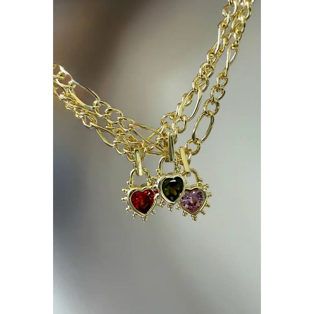 Junk Jewels Ltd - Ruby Heart Chunky Figaro Necklace Gold