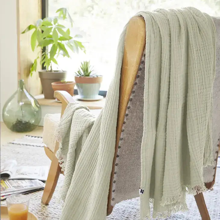 Cotton Fringed Throw Sea Green - PABOOM
