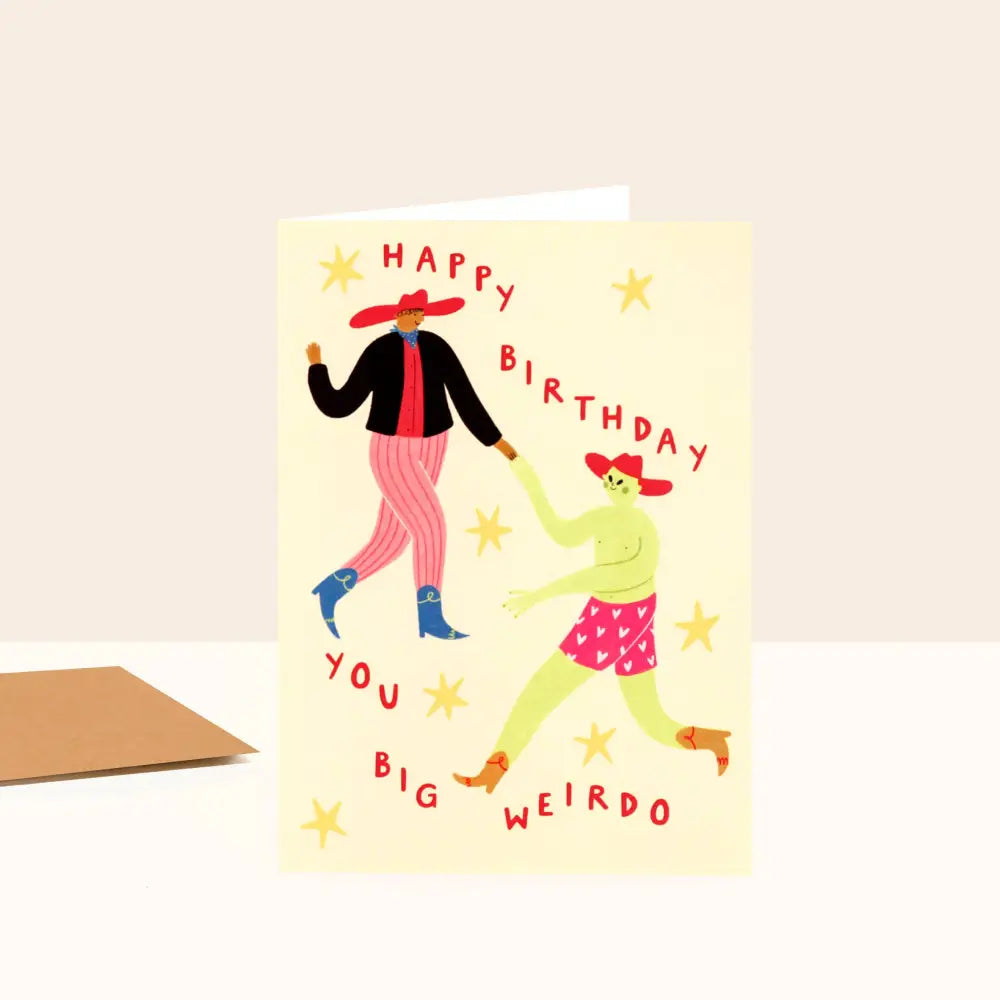 Little Black Cat Illustrated Goods - Big Weirdo Birthday Card | Funny With Alien And Cowboy
