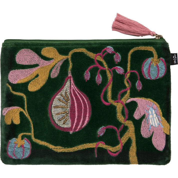 Dark green velvet flat pouch embroidered with a colourful botanical fig and beetle design and a pink tassel zipper pull β PABOOM