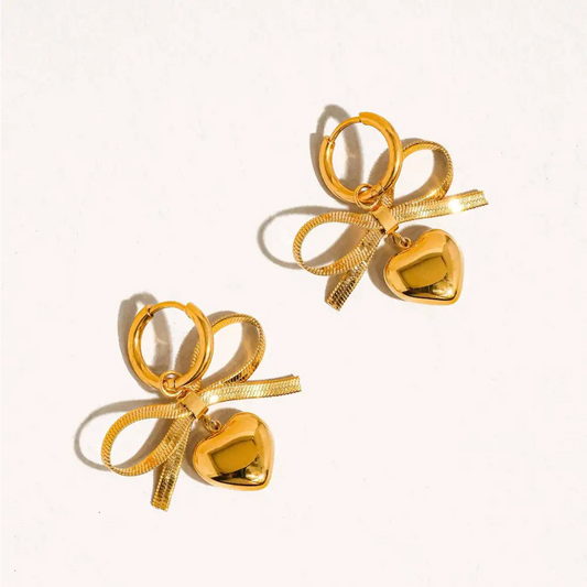 Addie 18K Gold Non-Tarnish Bow Dangle Heart Earring - PABOOM