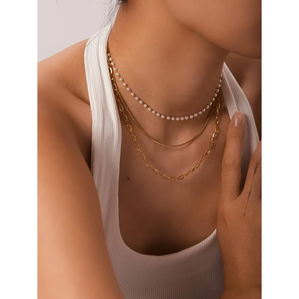 Cadeaux 18K Gold Non-Tarnish Stacked Pearl Chain Necklace - PABOOM