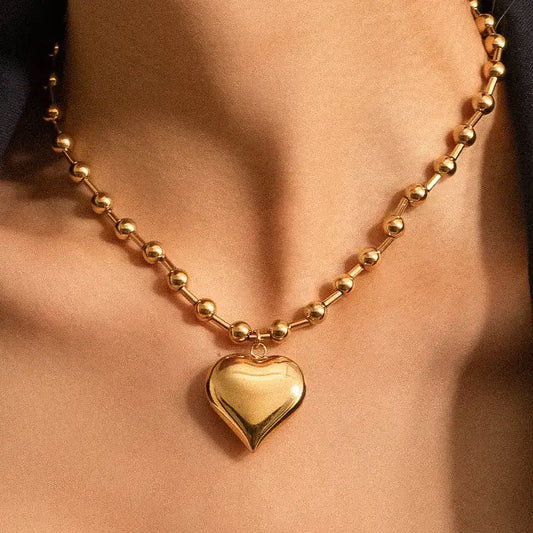 Paris Gold Large Heart Necklace On Ball Chain 15” - PABOOM