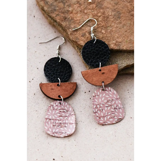 Mia Accessories - Printed Cork Earrings with Wood & Leather - 6842 S0OX3T6842 Pink