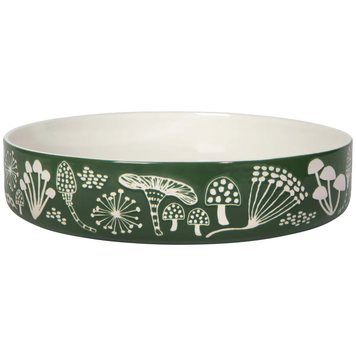 Forest green stoneware serving bowl with a cream mushroom and botanical print around the rim β PABOOM