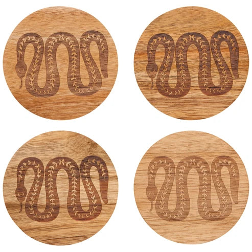 Four round acacia wood coasters laser-engraved with a coiled snake medallion design - PABOOM