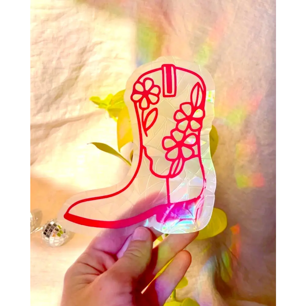 Prismatic Kitty - Cowboy Boot Suncatcher Sticker | Pink Window Cling | Western