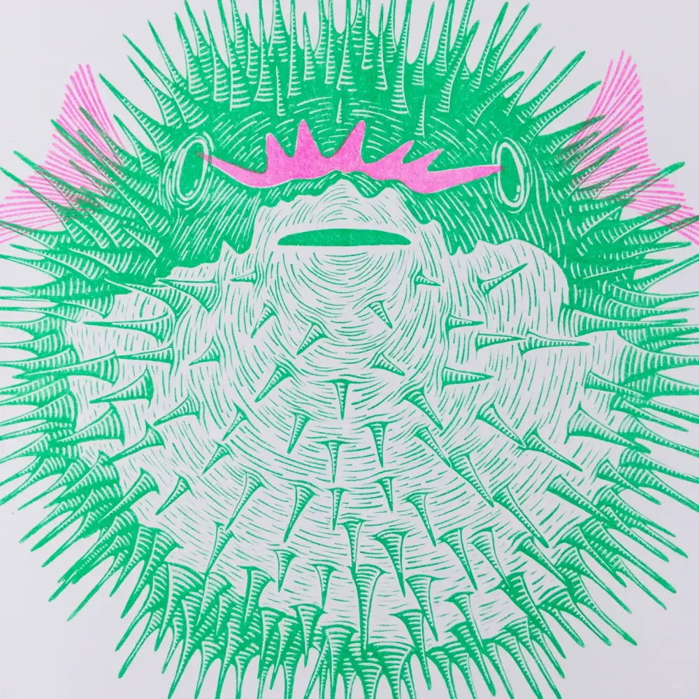 Strangford - Come And Have Fungu Riso Print - graphic illustration green pufferfish pink