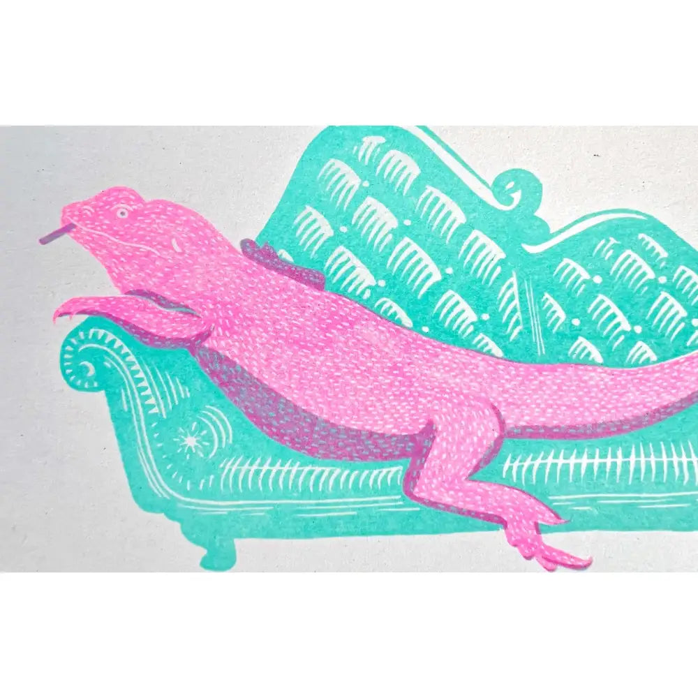 Strangford - Lounge Lizard Riso Art Print - pink lizard teal chaise