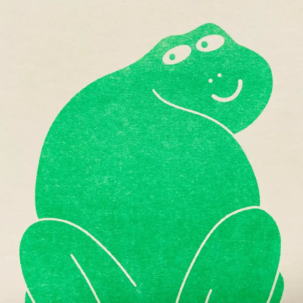 Strangford - Riso Frog Card - vibrant green cartoon frog wide