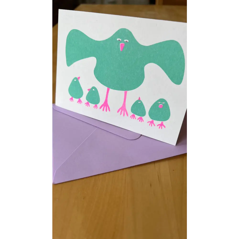 Strangford - Riso Greetings Card - Brood - card teal bird pink legs