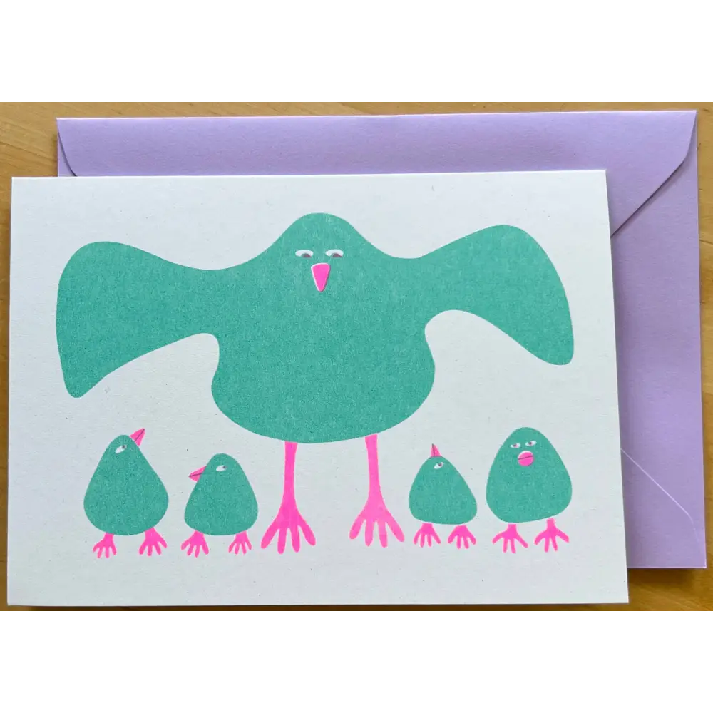 Strangford - Riso Greetings Card - Brood - white card teal bird four
