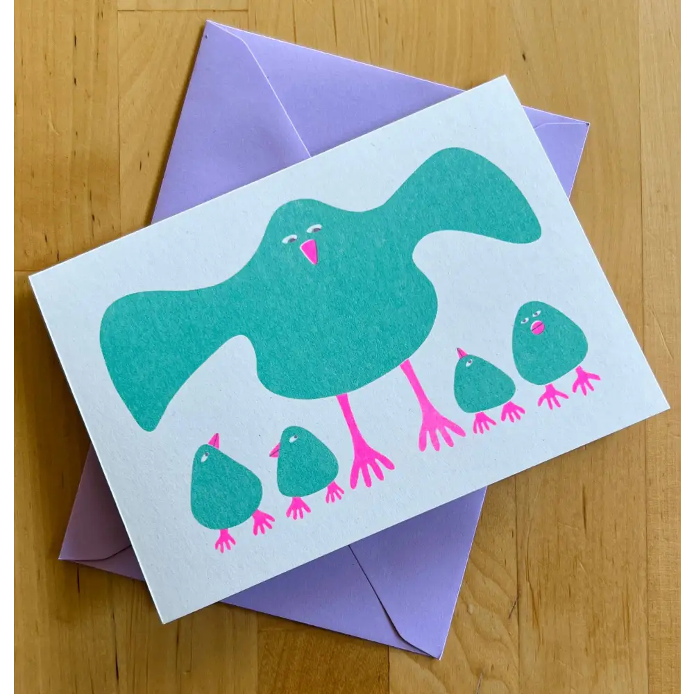 Strangford - Riso Greetings Card - Brood - white card teal bird four