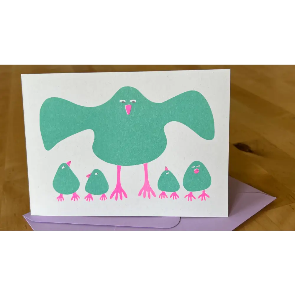 Strangford - Riso Greetings Card - Brood - white card whimsical illustration teal