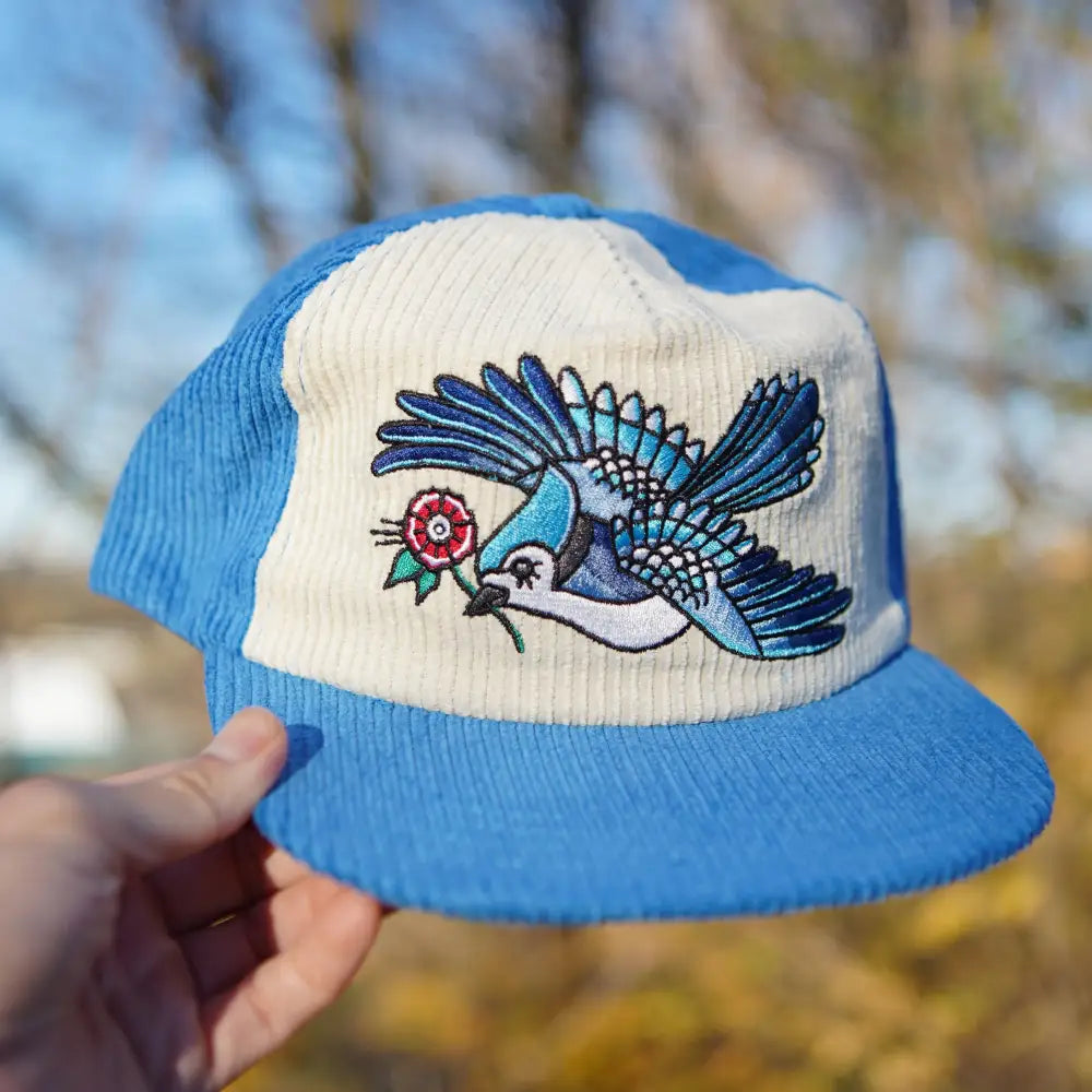 Stuntin Goods - Blue Jay Two-Tone Corduroy Hat - blue white corduroy hat bird