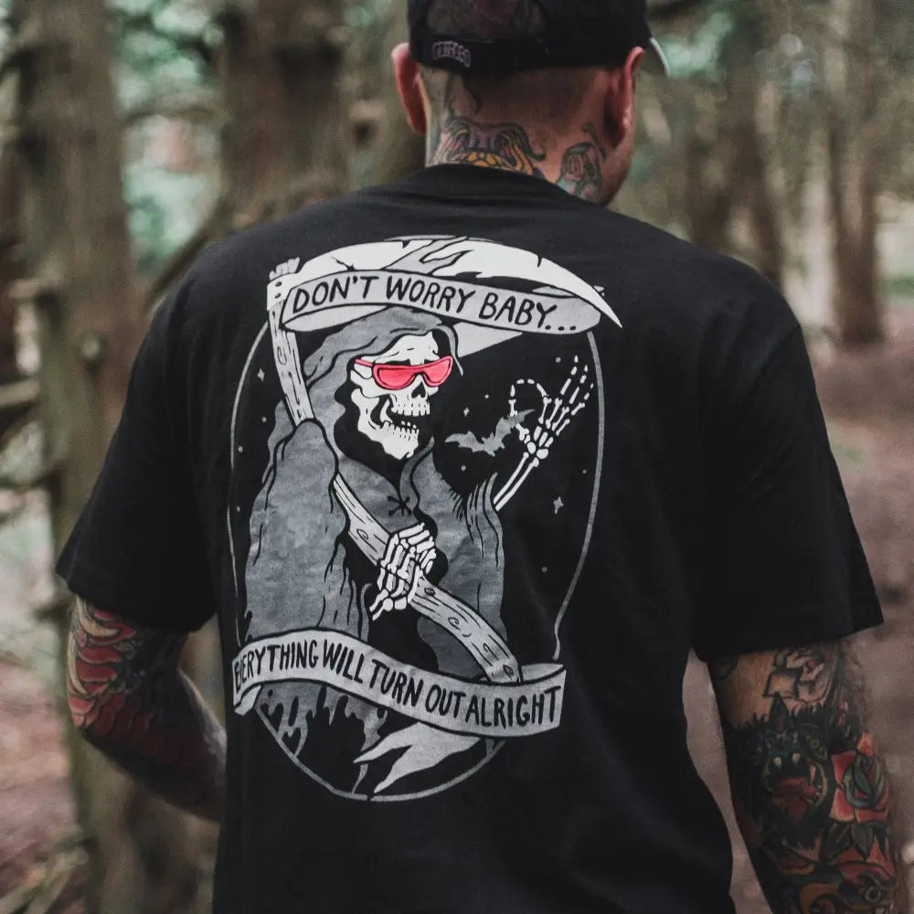 Stuntin Goods - Donβt Worry Baby T-Shirt - black t-shirt grim reaper graphic