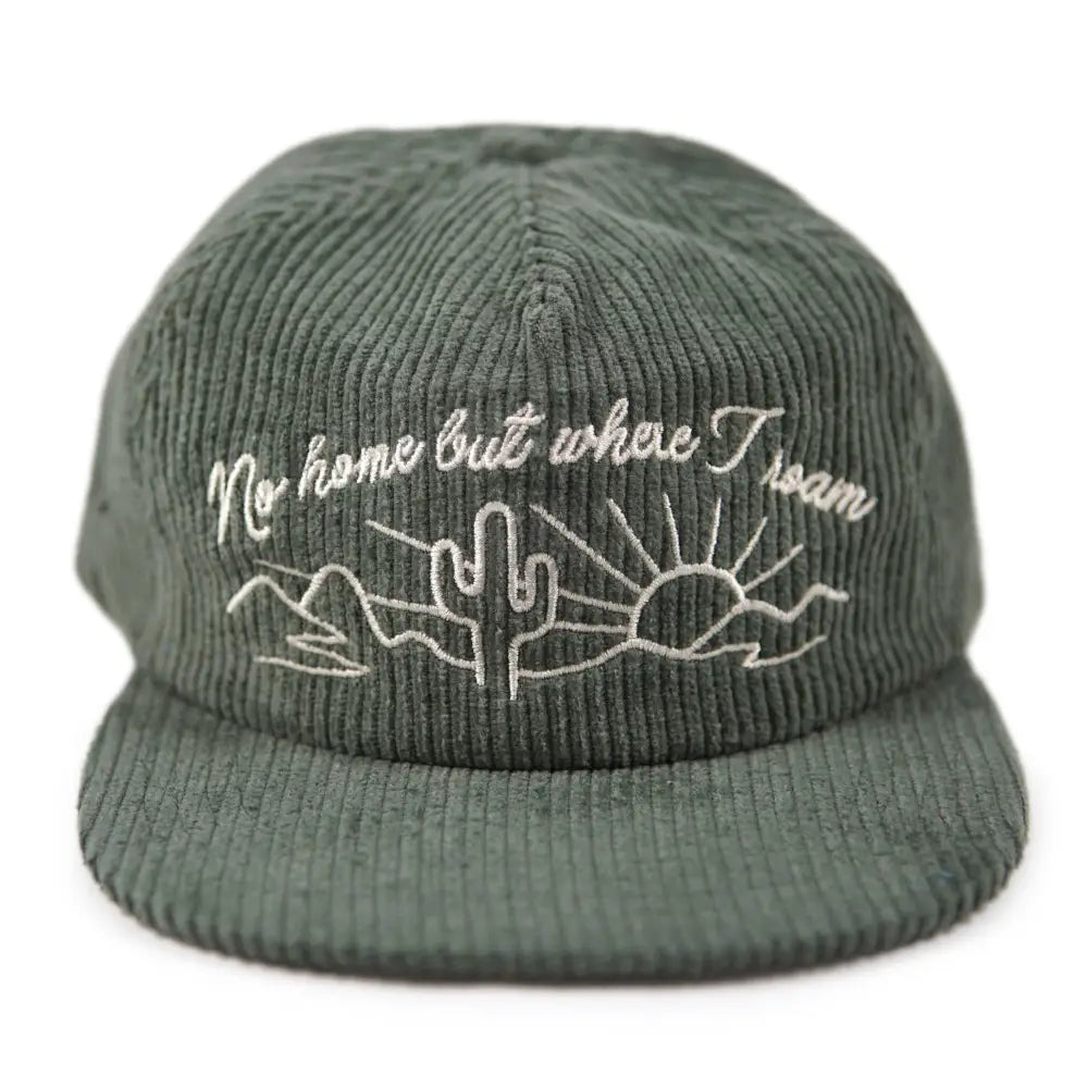 Smoke green Corduroy hat with cream embroidered cactus and sunset with words “No home but where I roam” - PABOOM