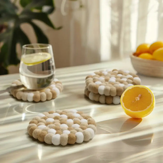 Torre & Tagus - Modwool Felt Ball Coasters Taupe + White