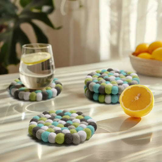 Modwool Felt Ball Coasters Teal/Green/Grey/White - PABOOM