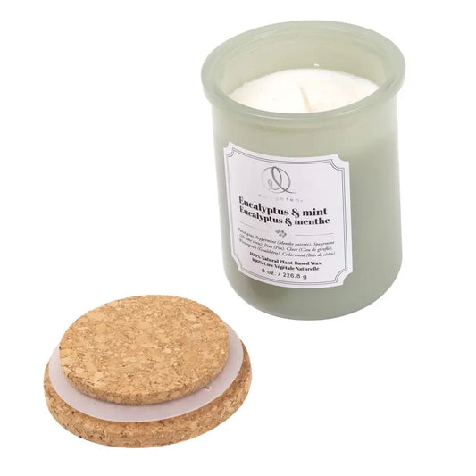 Eucalyptus Mint Scented Candle in Sage green glass jar With Cork Lid off