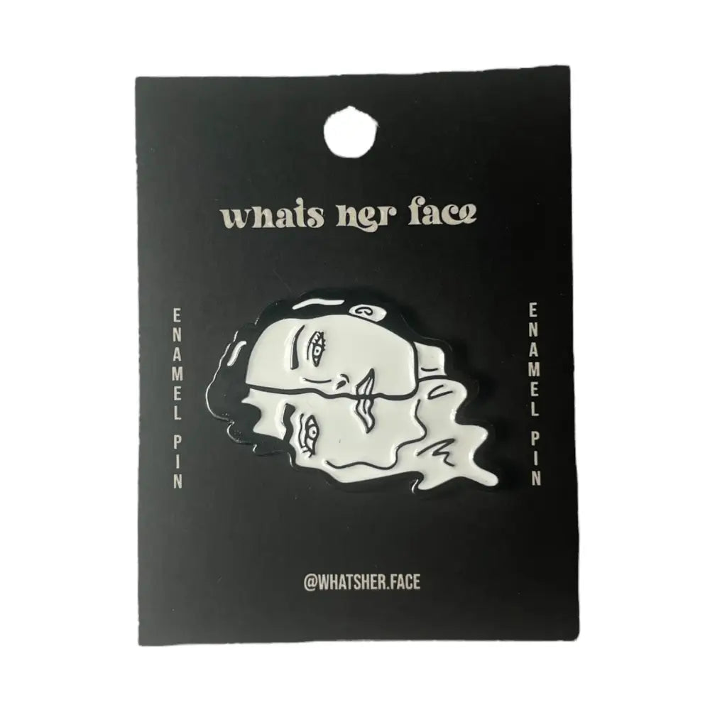 Melting Face Girl Black White Enamel Pin on black card stock