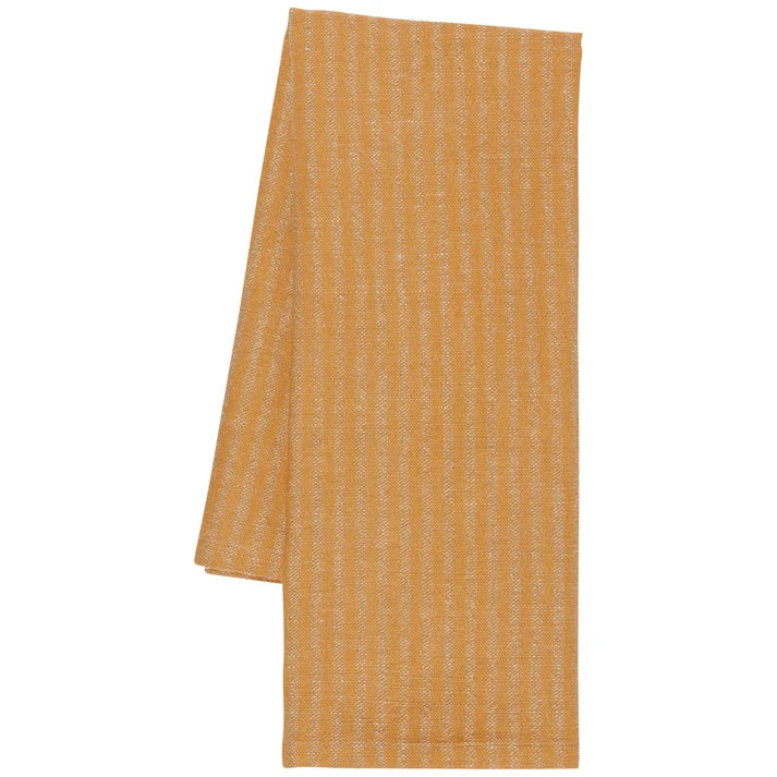Ochre Stripe dishtowel styled draped over an oven handle β PABOOM