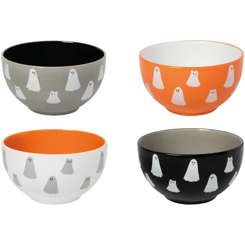 Four porcelain bowls in black, orange, white, and grey, each printed with a pattern of friendly ghosts - PABOOM