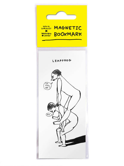 David Shrigley line drawing of two nude figures playing leapfrog with speech bubbles reading "Is this OK?" and "No," on a magnetic bookmark - PABOOM