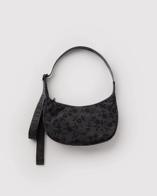BAGGU Small Nylon Crescent Bag Charcoal - Ditsy Floral