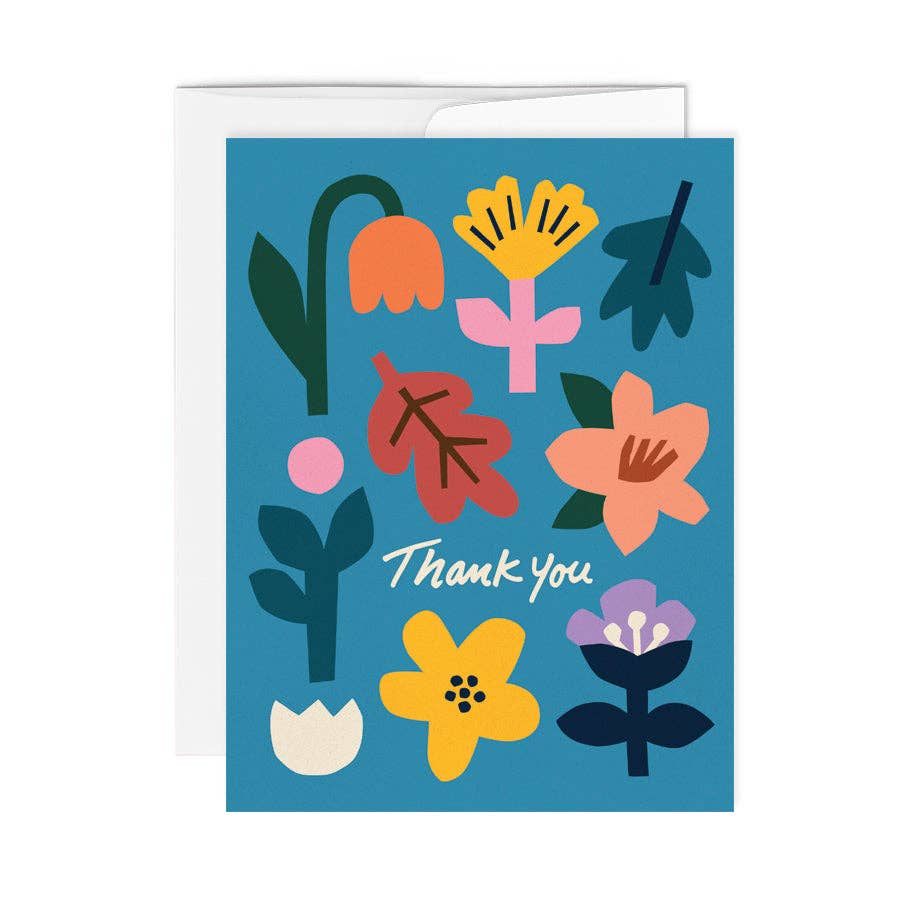 Colorful paper-cutout style flowers on blue background, reading Thank You in white script