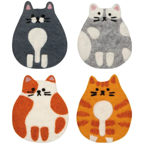 Four felted wool coasters shaped like cats in black, grey, calico, and orange tabby - PABOOM