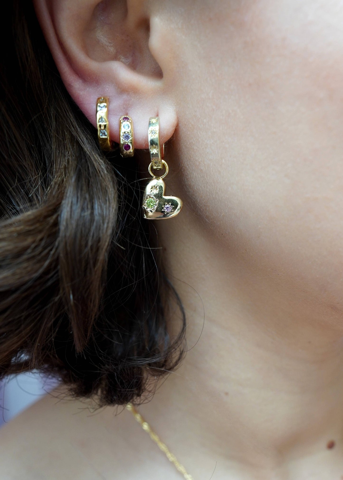 Pink and Green Floating Heart Hoop Earrings - Gold
