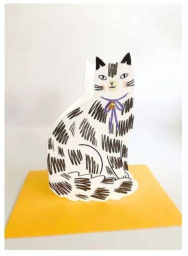 Sitting Kitty Shaped Greeting Card - Black White shown with its yellow envelope