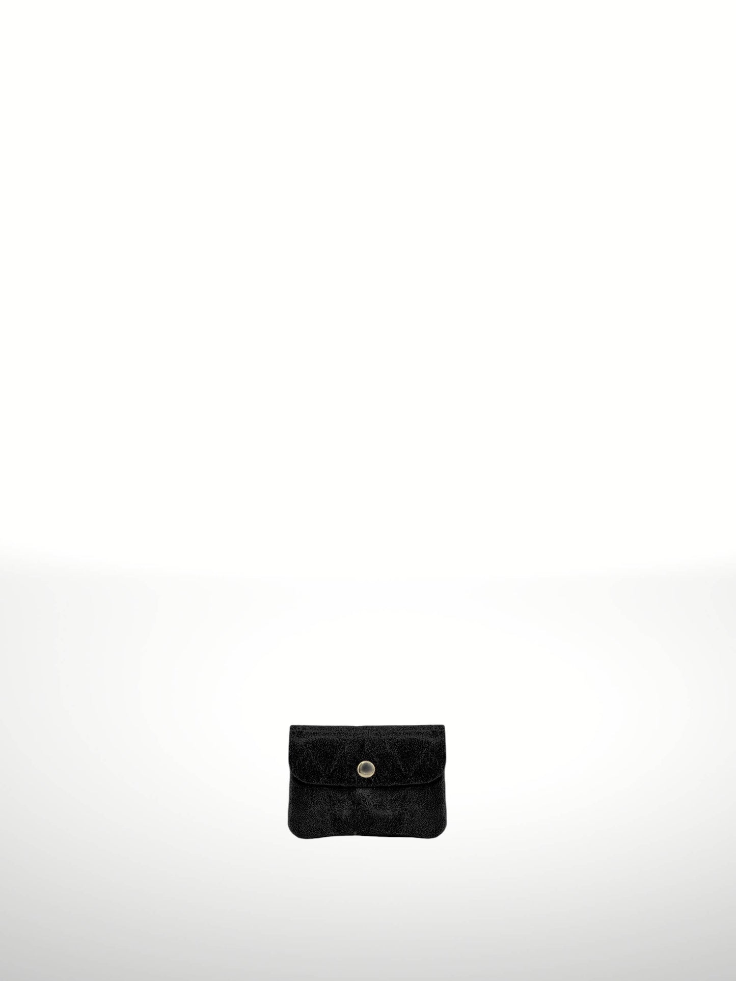 Katerina Suede Leather Wallet in Black — snap-flap pouch with crackled suede texture, shown flat on white background