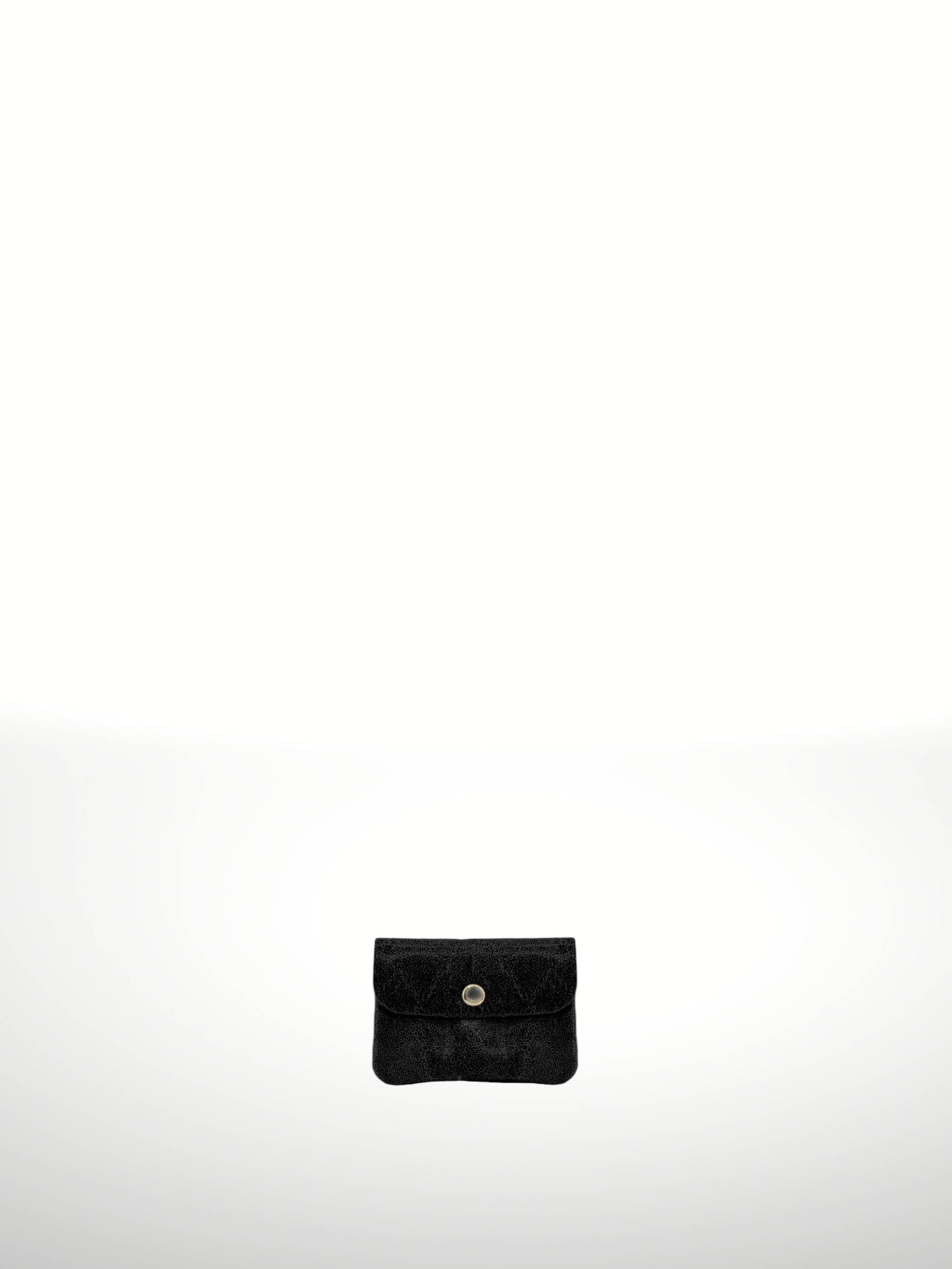 Katerina Suede Leather Wallet in Black — snap-flap pouch with crackled suede texture, shown flat on white background