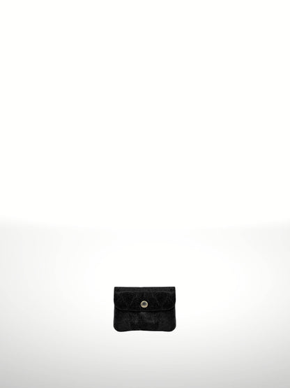 Katerina Suede Leather Wallet in Black — snap-flap pouch with crackled suede texture, shown flat on white background
