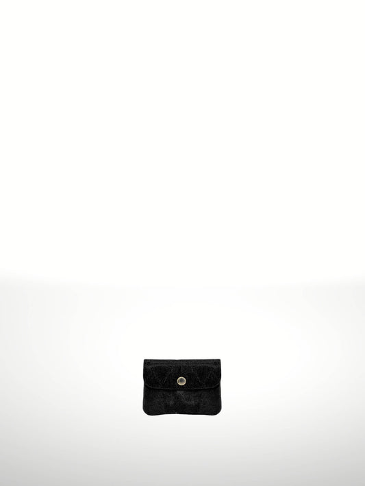 Katerina Suede Leather Wallet in Black — snap-flap pouch with crackled suede texture, shown flat on white background