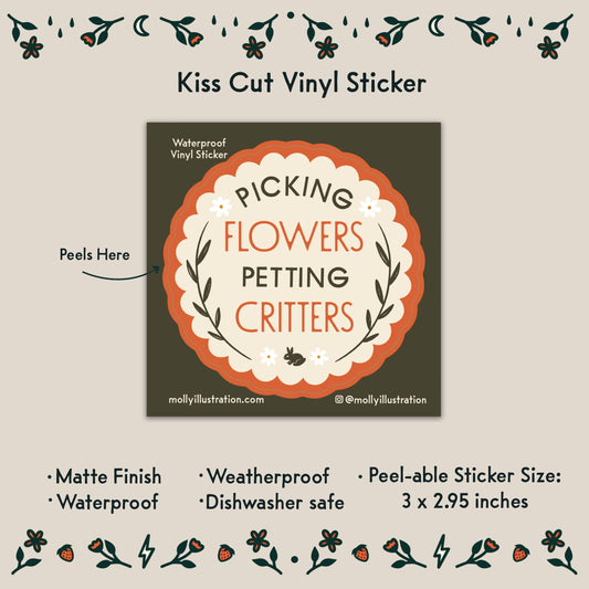 Close-up detail of the Picking Flowers Petting Critters sticker design