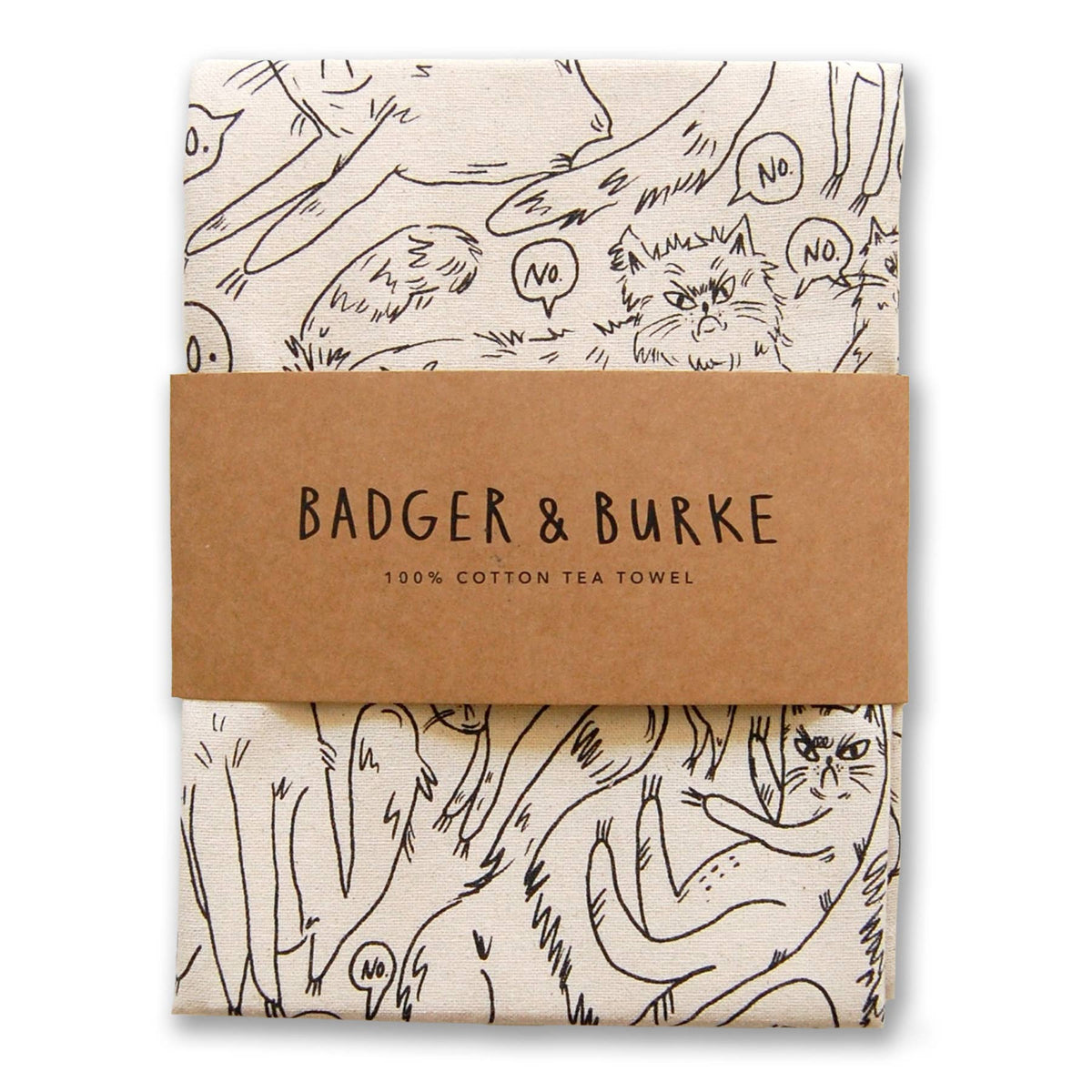 Folded natural cotton tea towel printed with fluffy grumpy cats saying No in speech bubbles, Badger + Burke kraft band - PABOOM