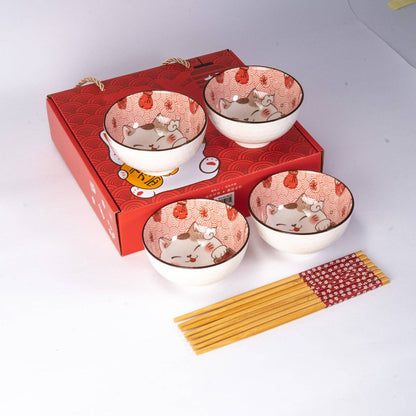 Lucky Cat rice bowl set shown from a side angle