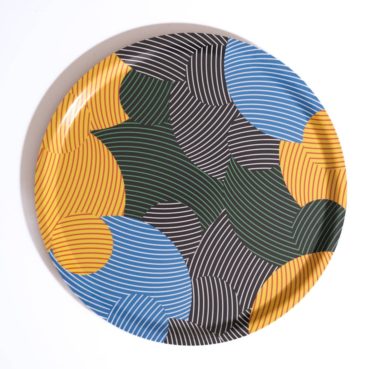 Planets design birchwood serving tray with interlocking mustard, blue and green circles - PABOOM