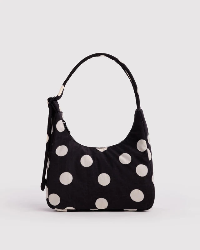BAGGU Mini Nylon Shoulder Bag in Black and Cream Polka Dot with adjustable quilted strap - PABOOM
