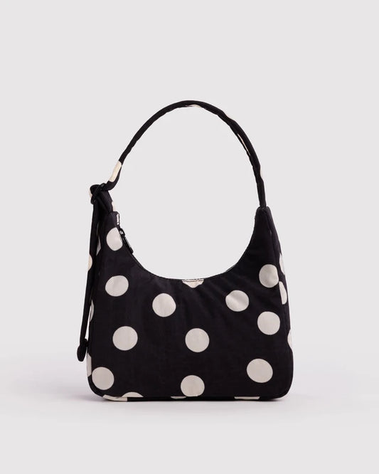 BAGGU Mini Nylon Shoulder Bag in Black and Cream Polka Dot with adjustable quilted strap - PABOOM