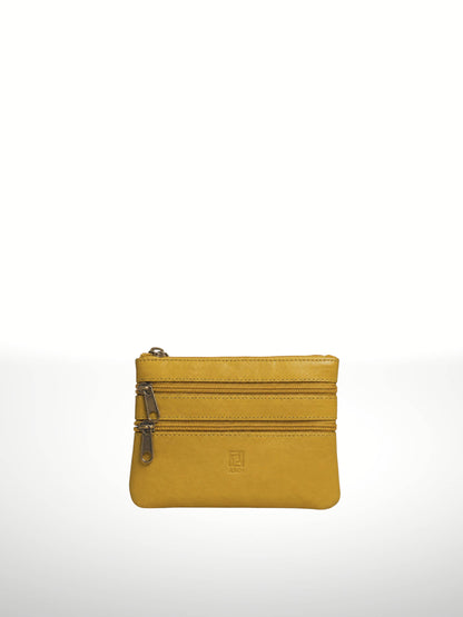 Titan Leather Wallet in Mustard — compact three-zip leather pouch with embossed logo tab, shown flat on white background