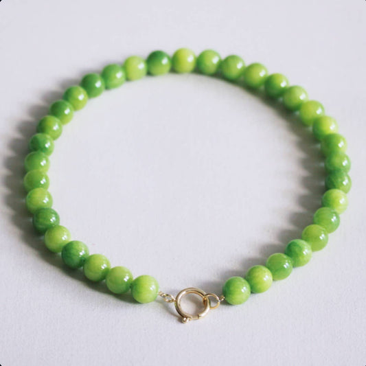 Chunky green natural stone bead necklace with a stainless steel spring-ring clasp, laid flat - PABOOM